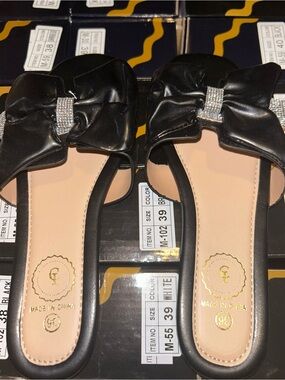 Genuine Leather-Look Black Bow Slide with Crystal Accent - Women